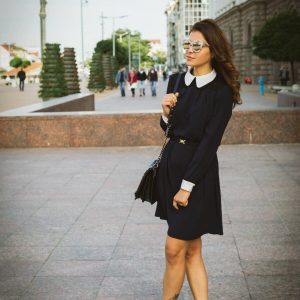 Dress with white collar and patent leather shoes