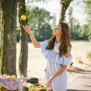 Blue jumpsuit and lemons